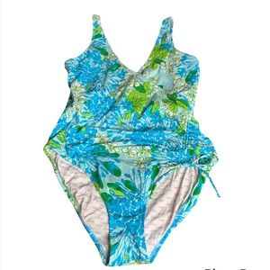 Lilly Pulitzer Blue Floral Wrap Front Ruched Tie One piece swimsuit medium